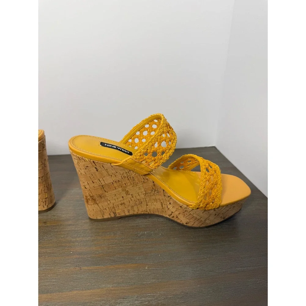 Nine West Kalani‎ Yellow Woven Cork Platform Wedge Sandals Size 8.5 New